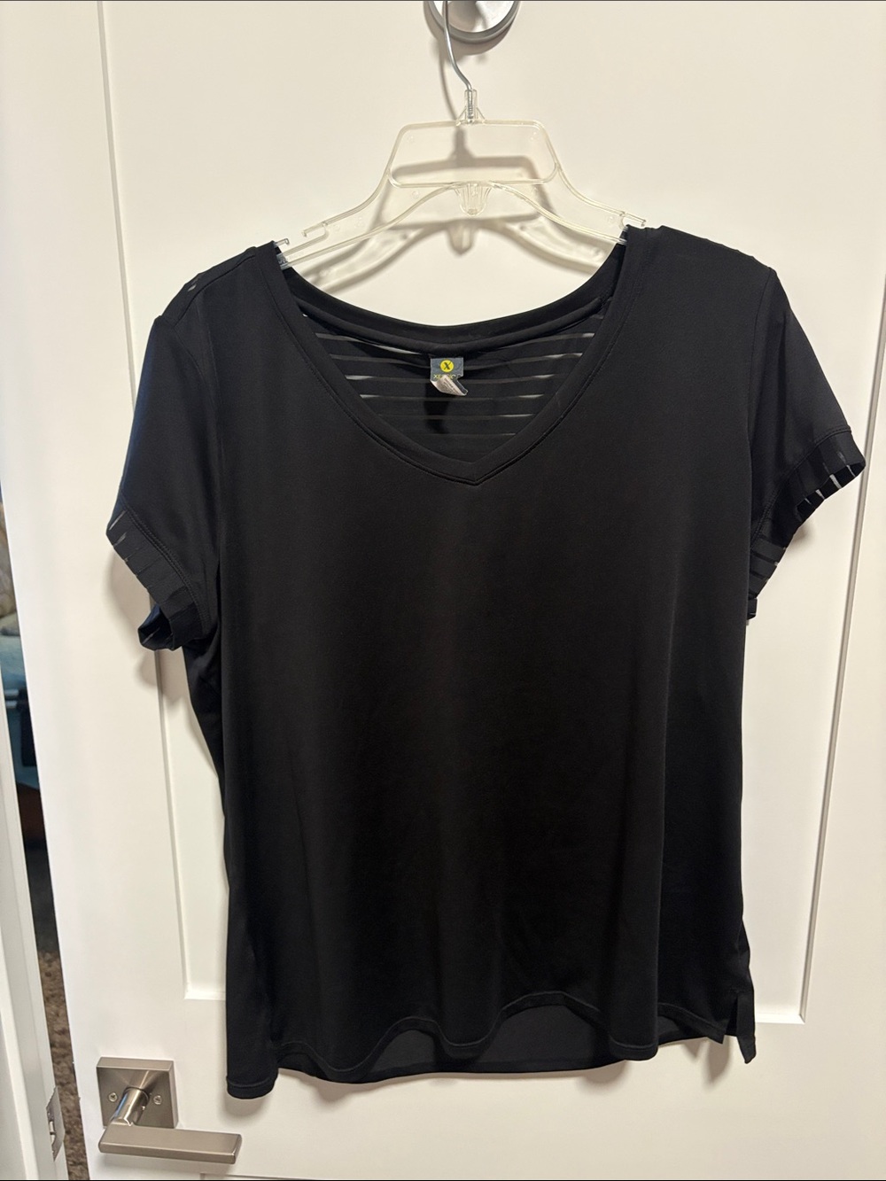 Xersion Women's Black V-Neck Short Sleeve Tee with Sheer Stripe Detail